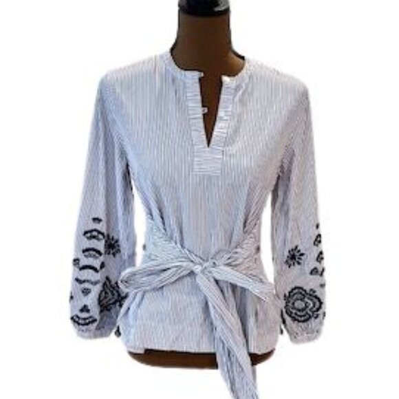 J. Crew Popover Embroidered Sleeve Tunic Top in White w/ Red & Blue Stripes XXS - Picture 2 of 8